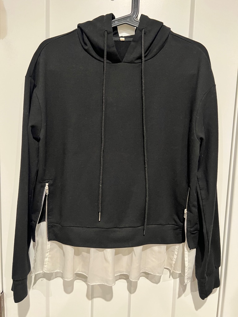 Black Layered Hoodie Top With Sheer Hem